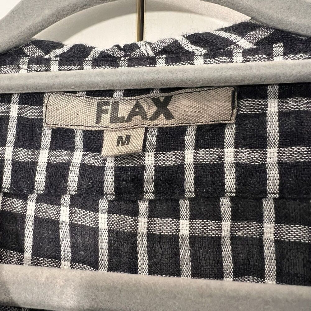 Flax Button Front Shirt Women’s M Linen‎ Plaid Black White Lagenlook - Picture 3 of 7